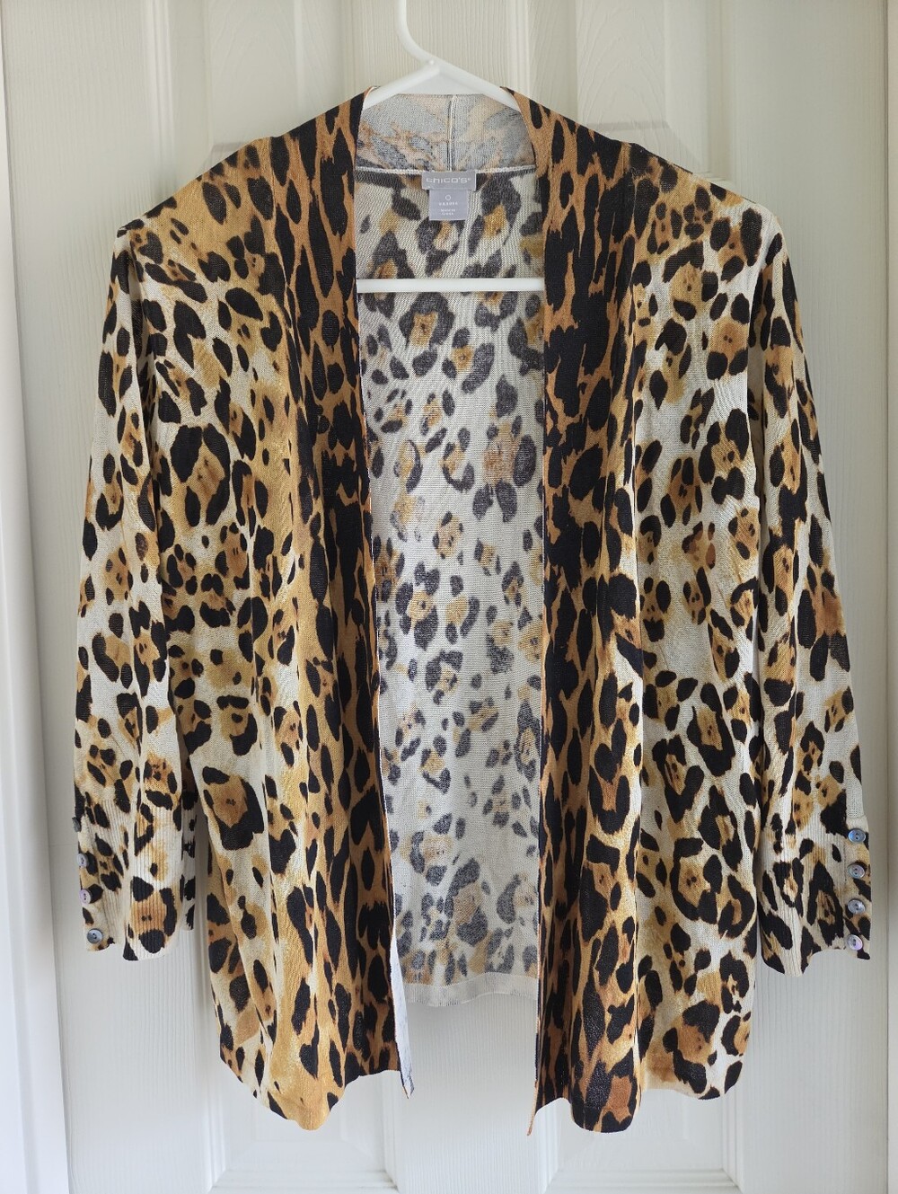 Chico's Leopard‎ Print Open Front Cardigan Sweater 3/4 Sleeve Size 0 Small